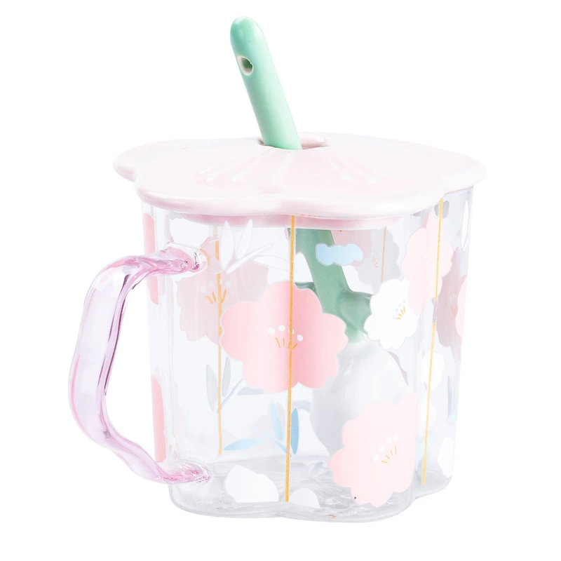 Чашка скляна 500 мл з ложкою і кришкою Рожевий HP7213P — Happy Life