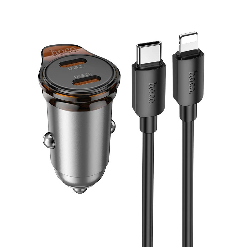 Автомобільний зарядний пристрій HOCO NZ16 Rigorous single port PD30W car charger set(C to iP) Metal Grey — Hoco