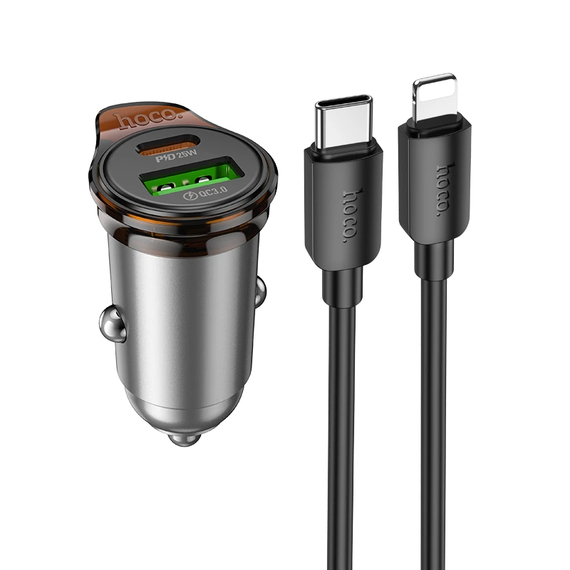 Автомобільний зарядний пристрій HOCO NZ16A Rigorous 43W dual port PD25W+QC3.0 car charger set(C to iP) Metal Grey