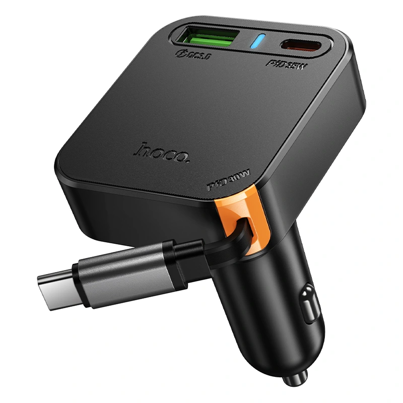 Автомобільний зарядний пристрій HOCO NZ18 Guardian PD65W(2C1A) car charger with retractable cable Black