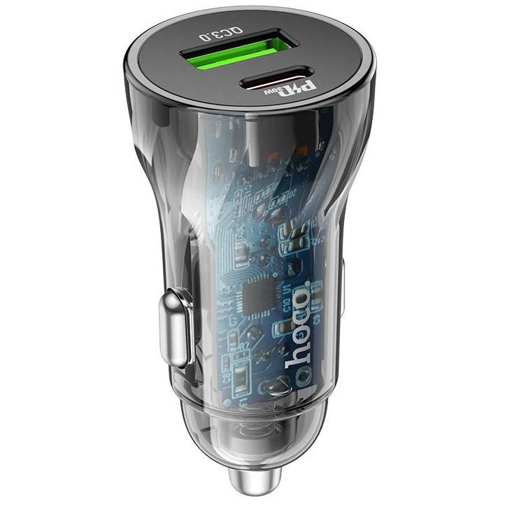 Автомобільний зарядний пристрій HOCO Z47A Transparent Discovery Edition dual port PD30W+QC3.0 car charger Transparent Black — Hoco
