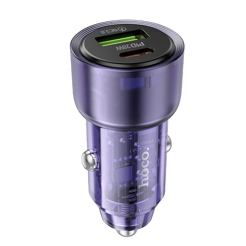 Автомобільний зарядний пристрій HOCO Z52 Spacious PD38W (1C1A) car charger Transparent Purple — Hoco