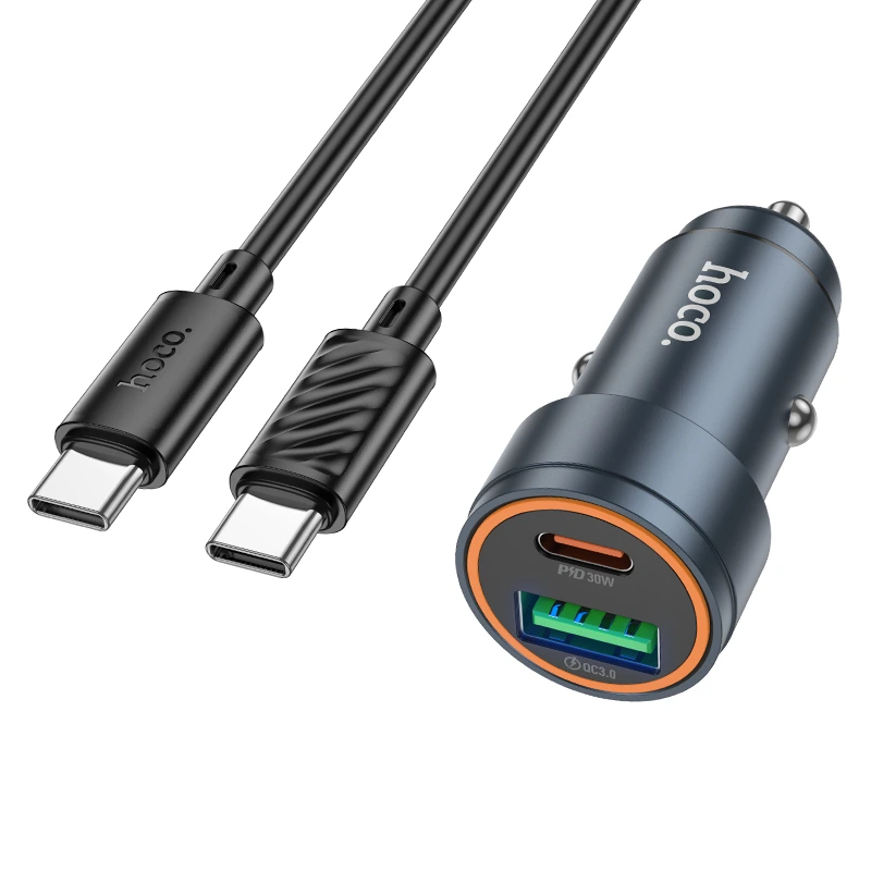 Автомобільний зарядний пристрій HOCO Z57A Glorious PD30W+QC3.0 car charger set(C to C) Metal Gray
