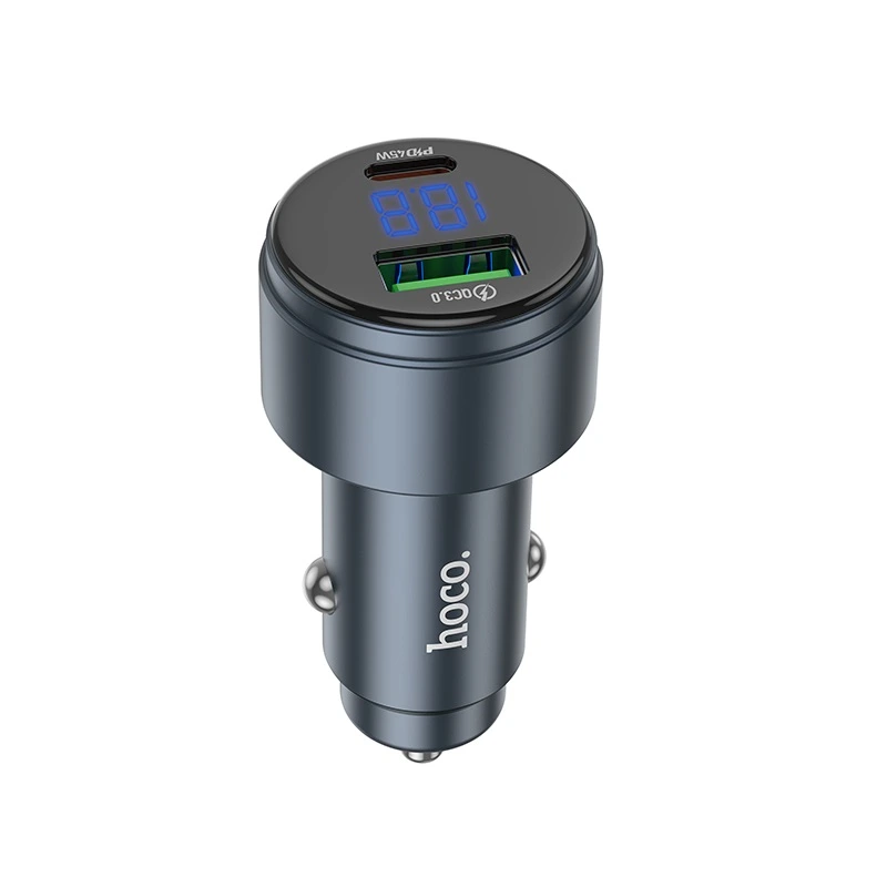 Автомобільний зарядний пристрій HOCO Z57B Glorious 63W dual-port digital display PD45W+QC3.0 car charger Metal Gray — Hoco