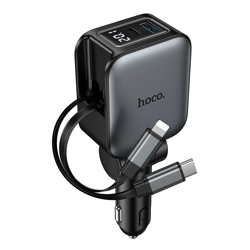 Автомобільний зарядний пристрій HOCO Z67A Triunfar PD60W(1C1A)+Type-C/iP car charger with dual telescopic cable and digital display dark Metal Gray — Hoco