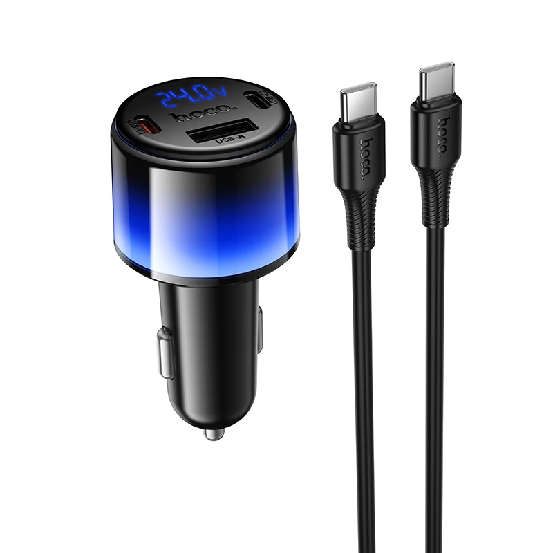 Автомобільний зарядний пристрій HOCO Z69A Vivido PD37W(2C1A) car charger with digital display set(C to C) Black