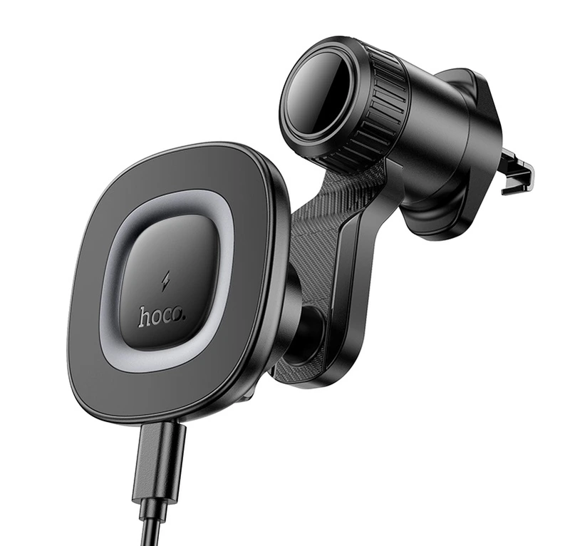 Автотримач для телефона з БЗП HOCO HW30 Crown magnetic wireless charging car holder (air outlet) Black Metal Gray — Hoco