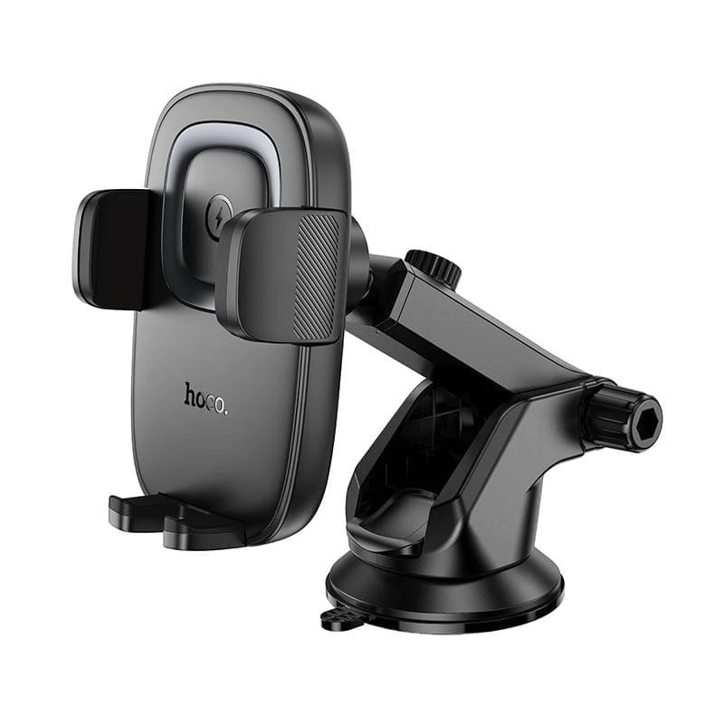 Автотримач для телефона з БЗП HOCO HW32 Crown push-type wireless charging car holder (center console) Black Metal Gray — Hoco