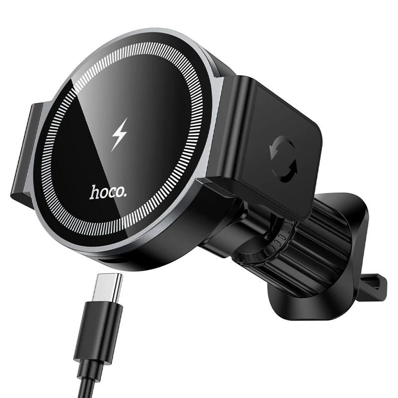 Автотримач для телефона з БЗП HOCO HW35 Power electric magnetic wireless fast charging car holder(air outlet) Black — Hoco