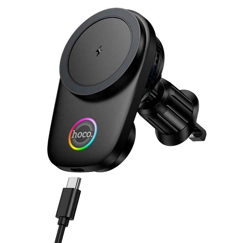 Автотримач для телефона з БЗП HOCO HW36 electric rotating magnetic wireless fast charging car holder(air outlet) Black — Hoco