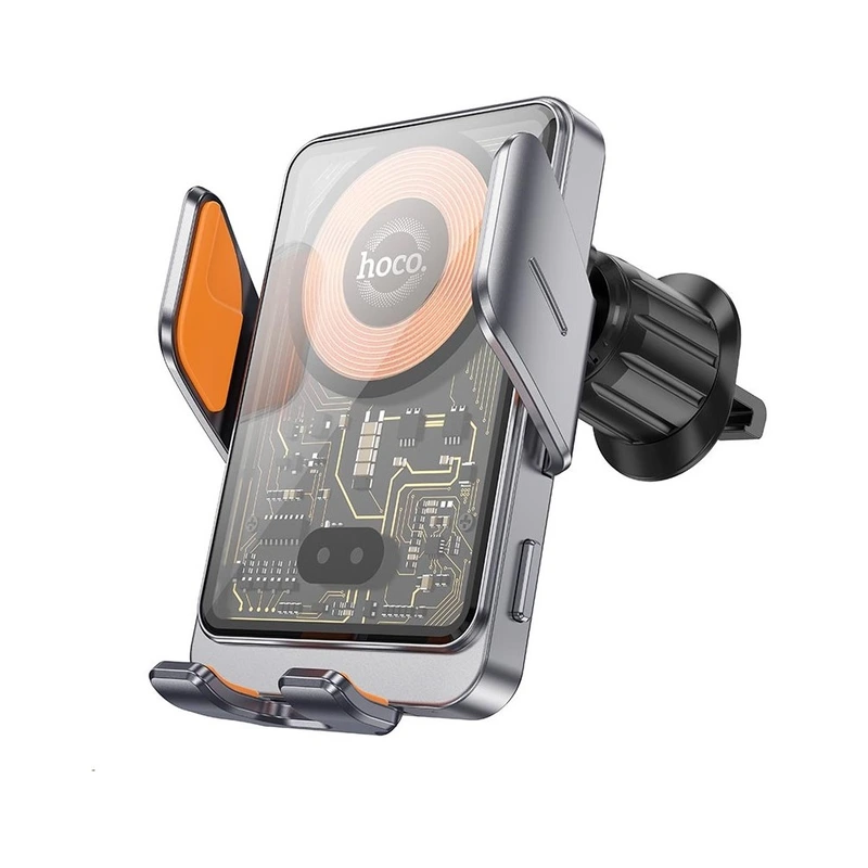 Автотримач для телефона з БЗП HOCO HW7 Transparent Discovery Edition wireless fast charging car holder(air outlet) Metal Gray — Hoco