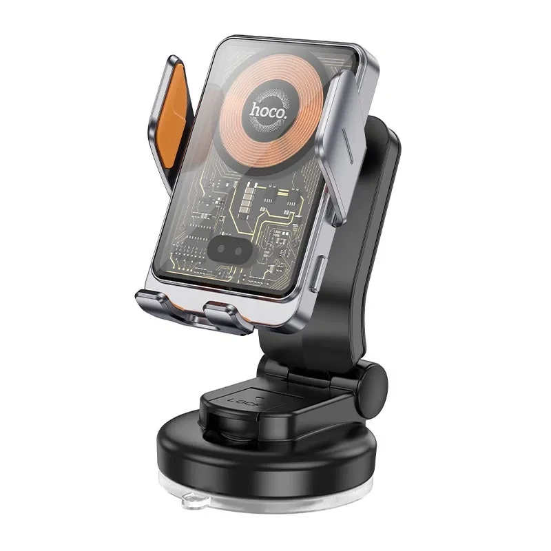 Автотримач для телефона з БЗП HOCO HW8 Transparent Discovery Edition wireless fast charging car holder(center console) Metal Gray — Hoco
