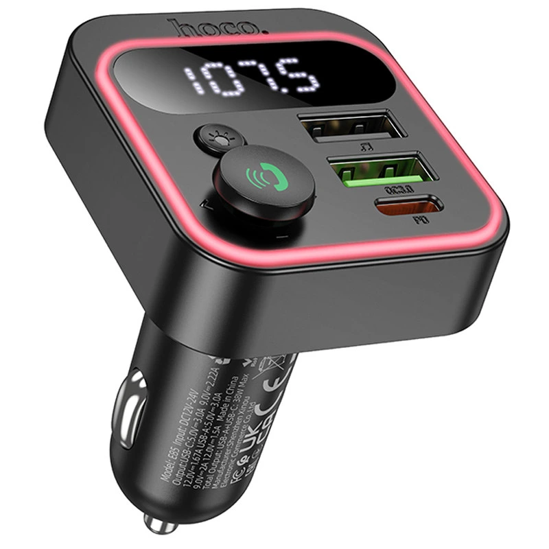 АЗП FM модулятор Hoco E85 Tiger PD20W+QC3.0 (2USB-A/1C) Black — Hoco