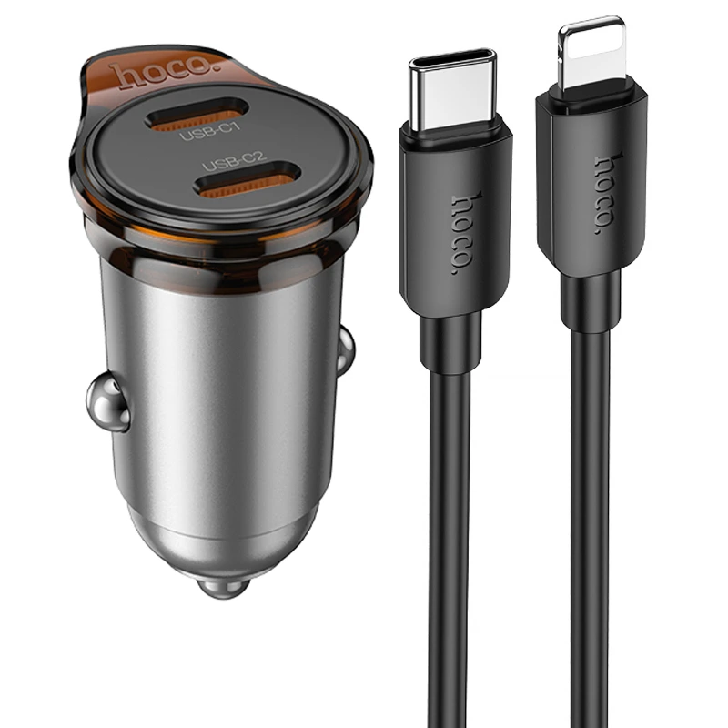 АЗП Hoco NZ16B Rigorous PD45W (2USB-C) + кабель Type-C to Lightning Metal grey