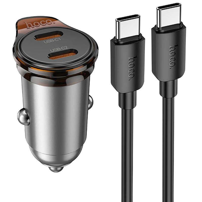 АЗП Hoco NZ16B Rigorous PD45W (2USB-C) + кабель Type-C to Type-C Metal grey