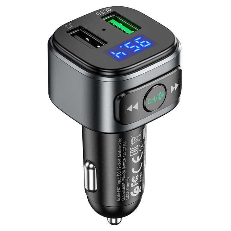 АЗП з FM-модулятором HOCO E67 Fighter QC3.0 18W car BT FM transmitter Black — Hoco