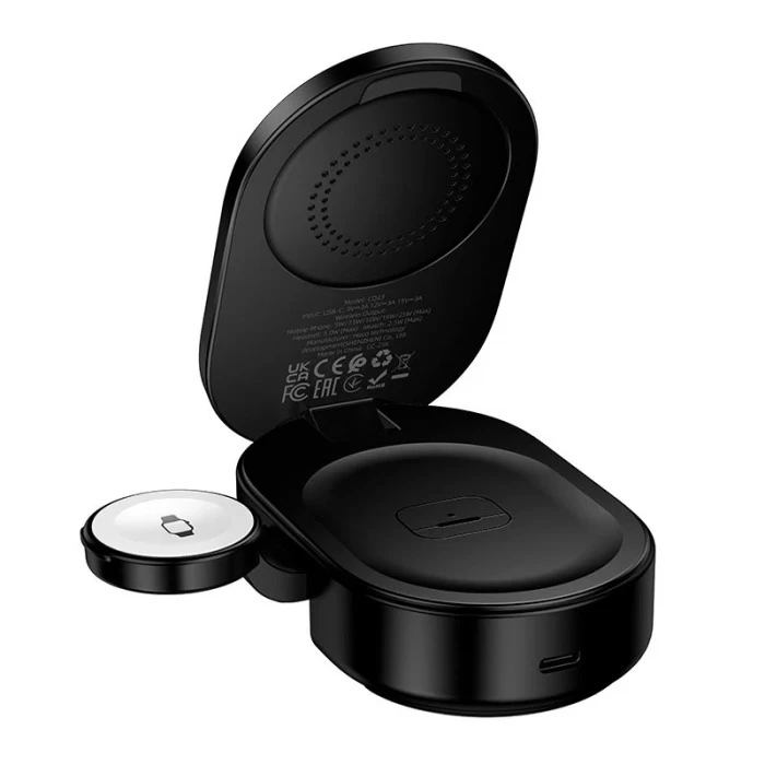Бездротовий зарядний пристрій HOCO CQ23 Pole Qi2.2 3-in-1 magnetic wireless fast charger Black — Hoco