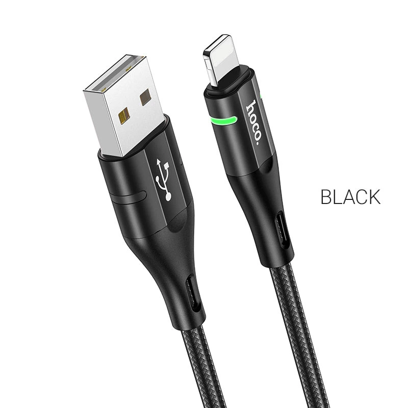 Кабель HOCO U93 USB to iP 2.4A, 1.2m, nylon, aluminum connectors, light indicator, Black — Hoco