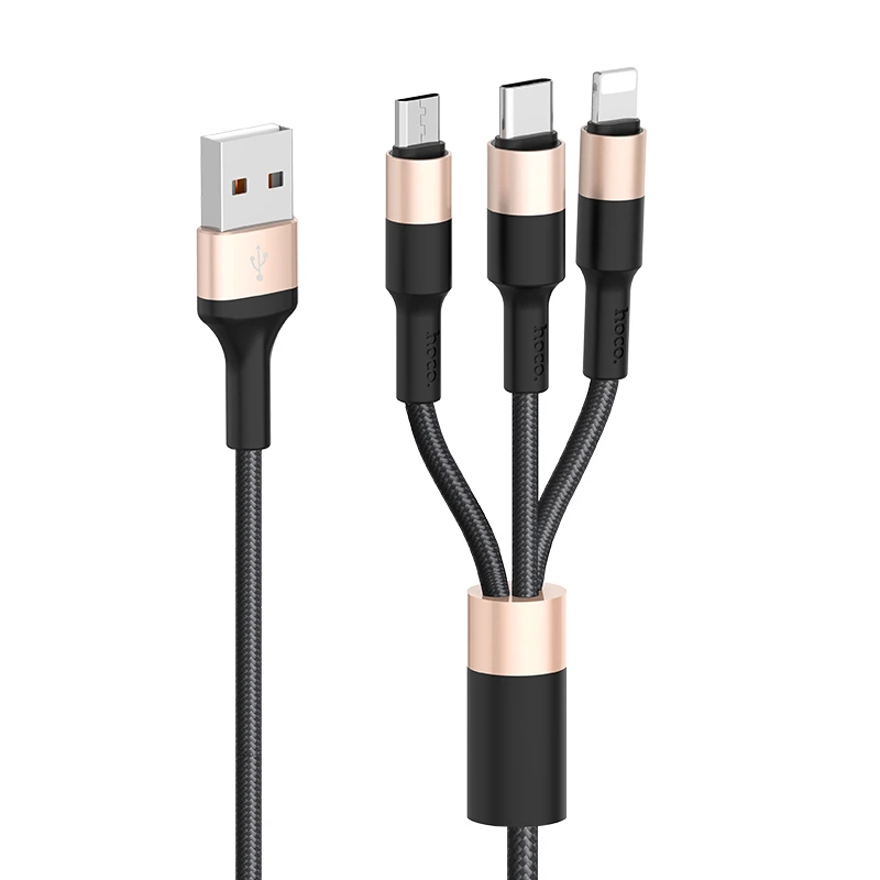 Кабель HOCO X26 USB to iP+Type-C+Micro 2A, 1m, nylon, aluminum connectors Black+Gold