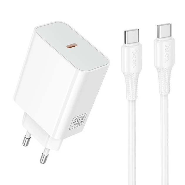 Мережевий зарядний пристрій HOCO C162A Source single port PD40W charger set(C to C) White