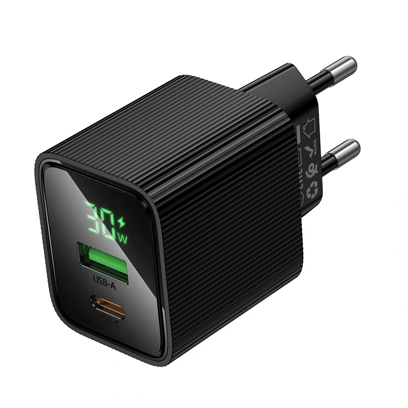 Мережевий зарядний пристрій HOCO CS84A Excellent PD30W+QC3.0 charger with digital display Black — Hoco