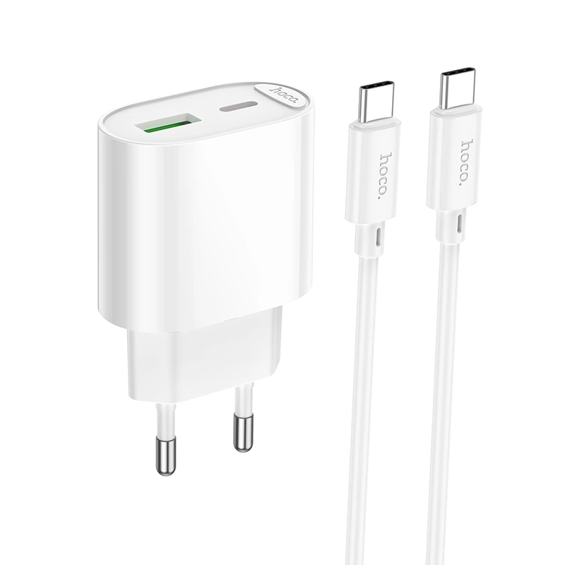 Мережевий зарядний пристрій з кабелем HOCO C109A(PD20W+QC3.0) Fighter PD20W+QC3.0 charger set(C to C) White — Hoco