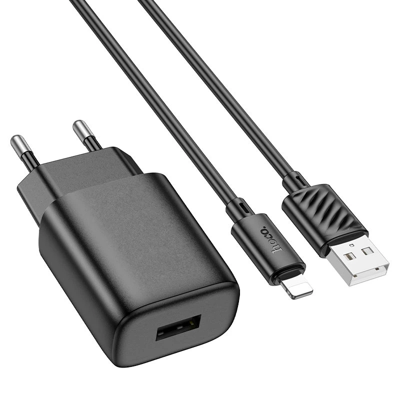 Мережевий зарядний пристрій з кабелем HOCO C134A Solid single-port charger set (iP) (EU) Black