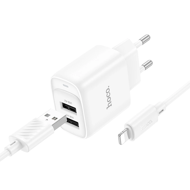 Мережевий зарядний пристрій з кабелем HOCO C141A Smart dual-port charger set(iP) White — Hoco