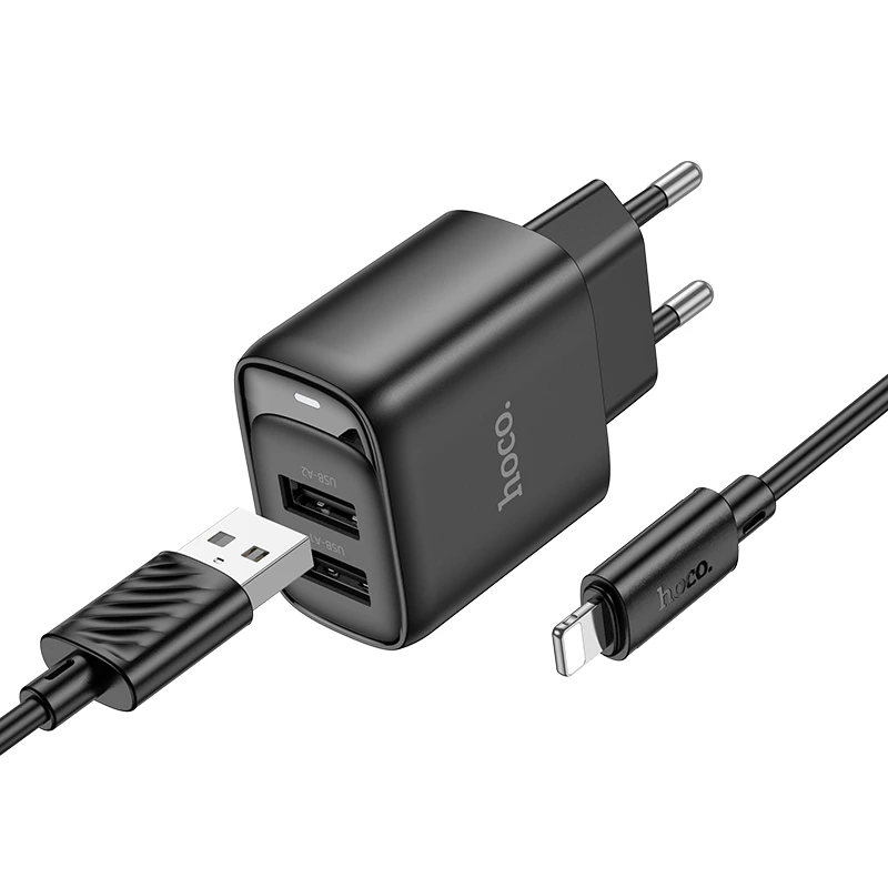 Мережевий зарядний пристрій з кабелем HOCO C141A Smart dual-port charger set(iP) Black — Hoco