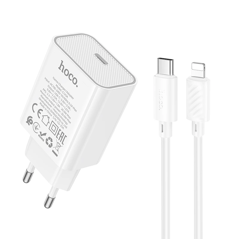 Мережевий зарядний пристрій з кабелем HOCO C143A Benefit single port PD20W charger set(C to iP) White