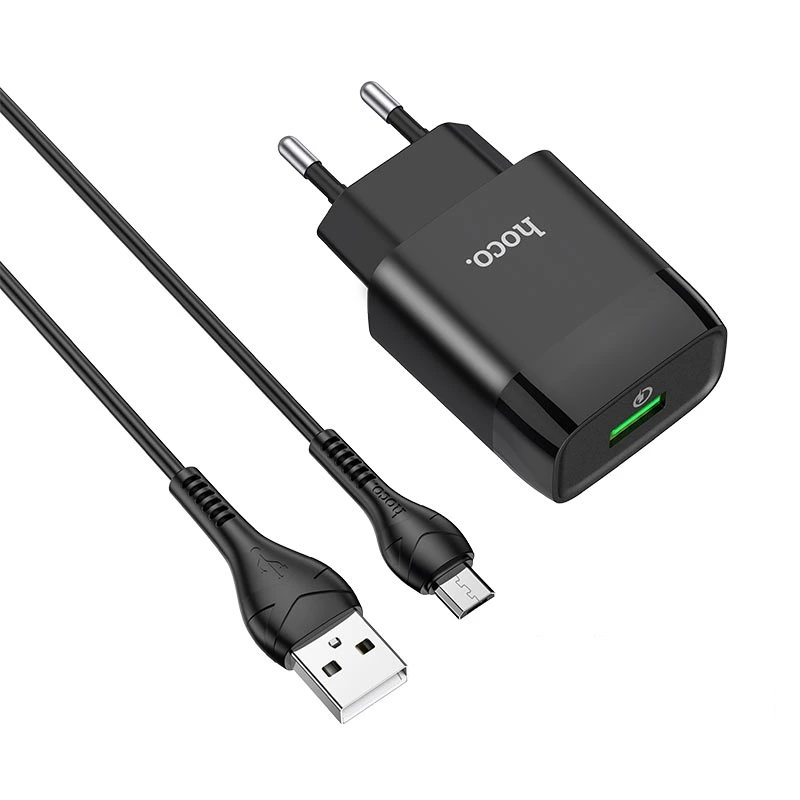 Мережевий зарядний пристрій з кабелем HOCO C72Q Glorious single port QC3.0 charger set(Micro) 18W Black — Hoco