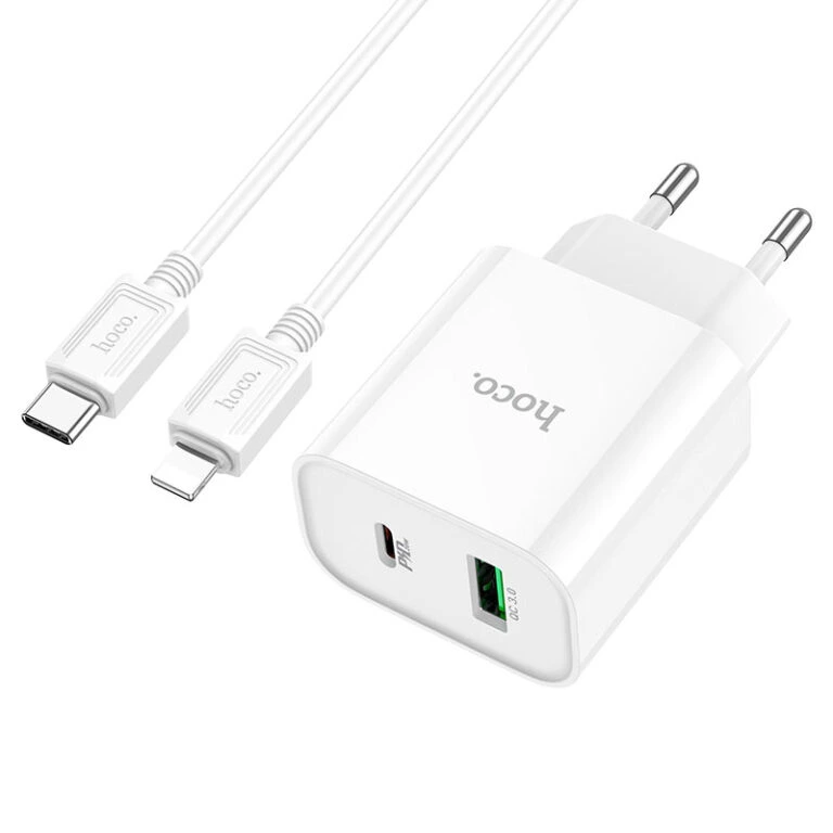 Мережевий зарядний пристрій з кабелем HOCO C80A Plus Rapido PD20W+QC3.0 charger set(C to iP) White