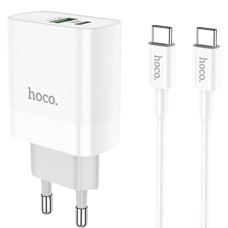 Мережевий зарядний пристрій з кабелем HOCO C80A Rapido PD20W+QC3.0 charger set (Type-C TO Type-C)(EU) White