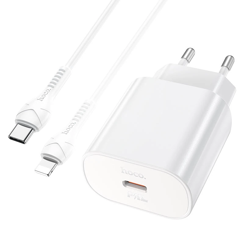 Мережевий зарядний пристрій з кабелем HOCO N22 Jetta PD25W charger set (Type-C to iP)(EU) White — Hoco