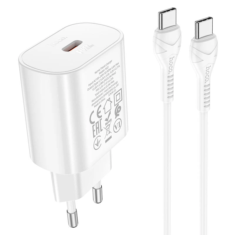 Мережевий зарядний пристрій з кабелем HOCO N22 Jetta PD25W charger set(Type-C to Type-C)(EU) White — Hoco