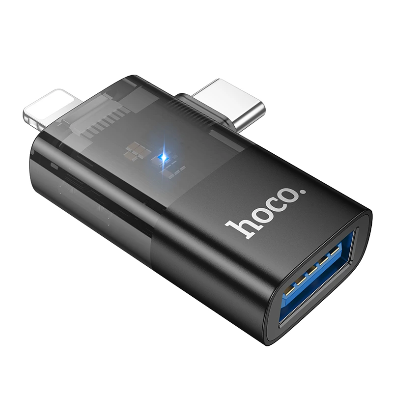 Перехідник HOCO UA36E iP male/C male to USB female OTG 2-in-1 transparent adapter — Hoco