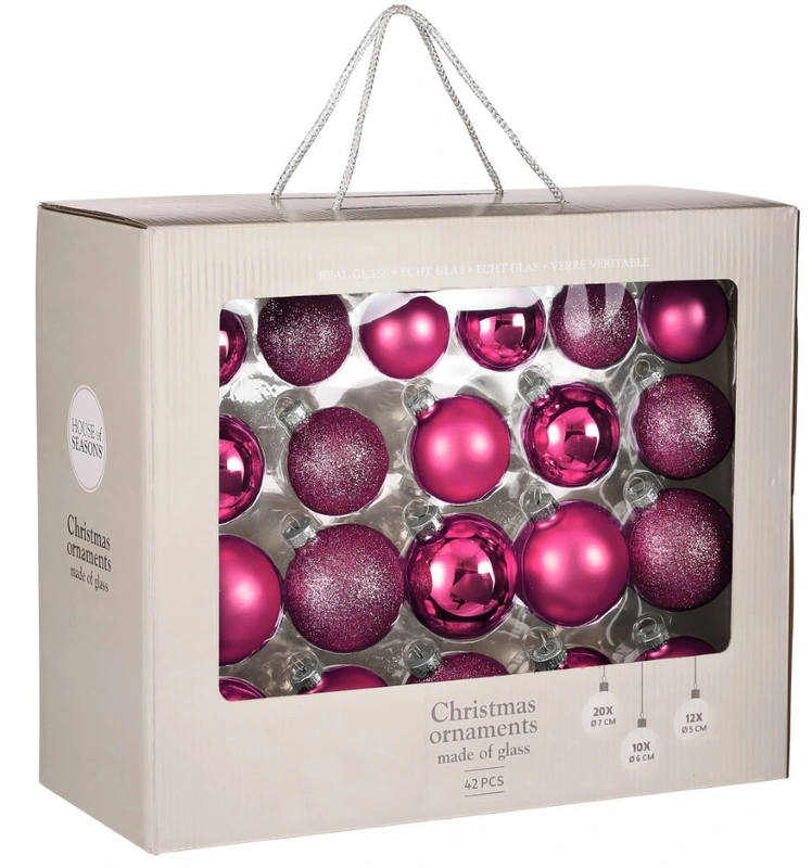 Ялинкові скляні кульки House of Seasons комплект 42шт, Ø 7/6/5 см, фуксія