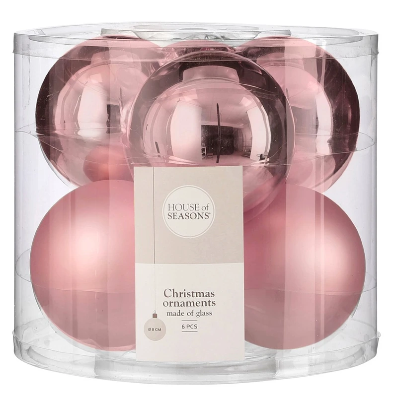 Ялинкові скляні кульки House of Seasons комплект 6 шт, Ø 8 см, рожеві