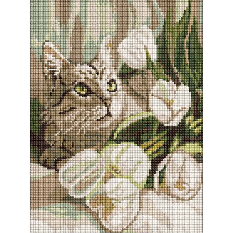 Алмазна мозаїка "Зеленоокий кіт з тюльпанами" AMO20099, 30х40 см — Ideyka