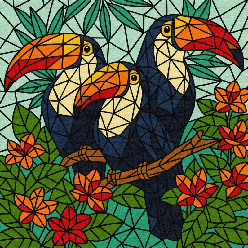Картина за номерами "Вітраж. Тріо туканів" ©art_selena_ua KHO5169, 30x30 см