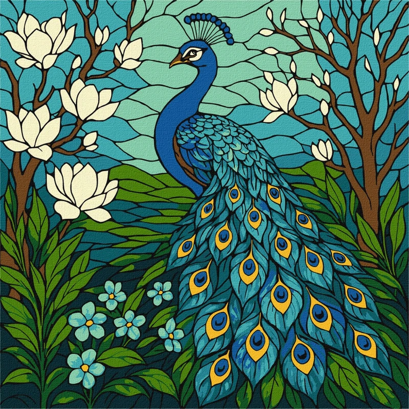 Картина за номерами "Вітраж. Павич у магнолії" KHO6810, 30x30 см — Ideyka