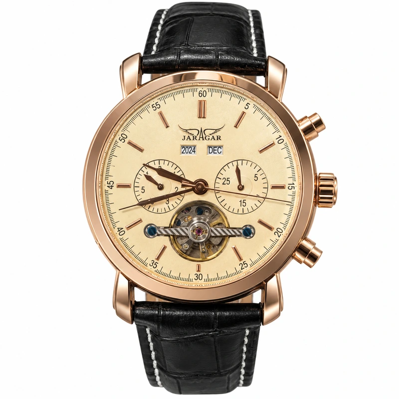 Чоловічий механічний годинник Jaragar A540 Rose Gold-Beige з автопідзаводом та шкіряним ремінцем