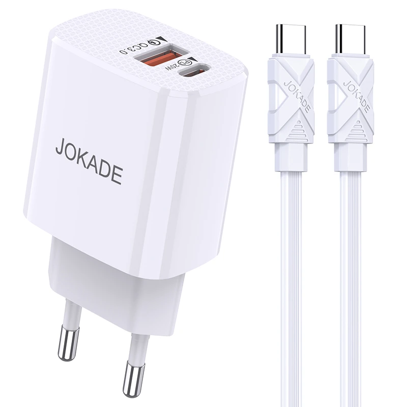 Мережевий зарядний пристрій Jokade JB042 (USB-C/USB/QC18W/PD20W) + кабель Type-C - Type-C- білий — Jokade