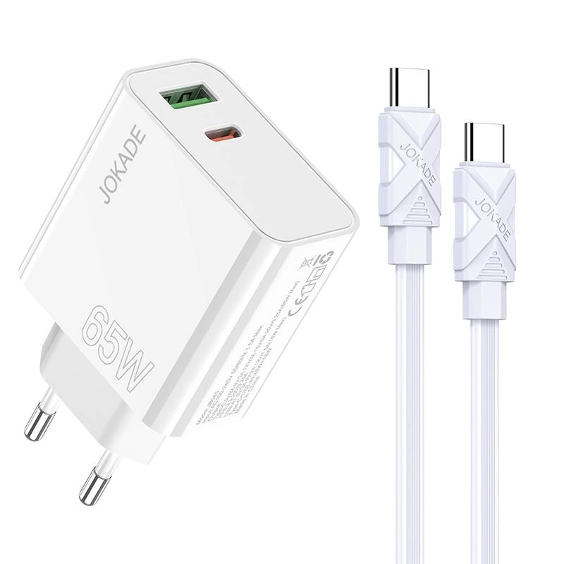 Мережевий зарядний пристрій Jokade JB046 (USB/USB-C/65W) + кабель Type-C - Type-C- білий — Jokade