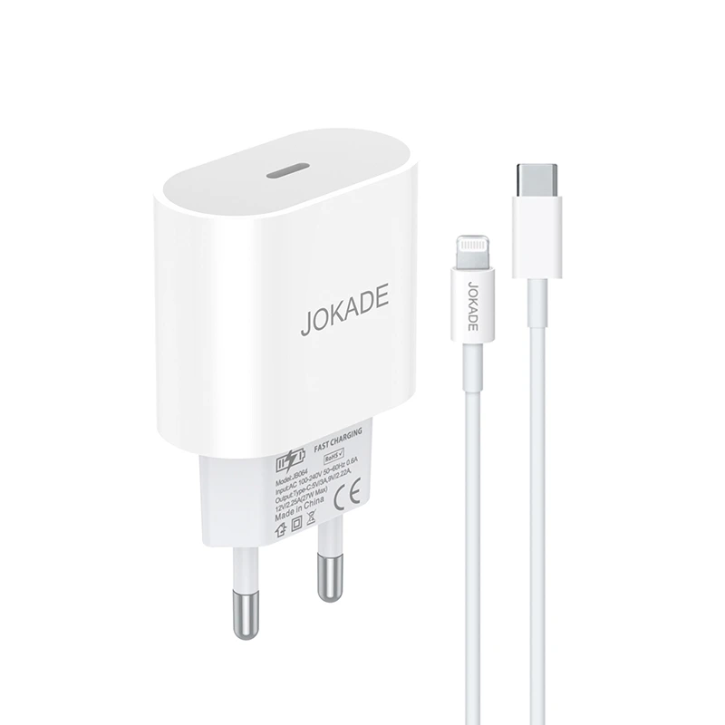Мережевий зарядний пристрій Jokade JB065 (USB-C/27W) + кабель Type-C – Lightning- білий — Jokade