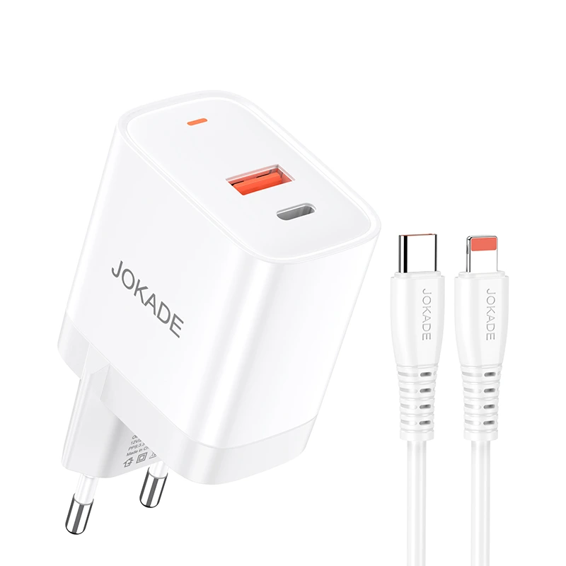 Мережевий зарядний пристрій Jokade JB082 (USB/USB-C/30W/QC3.0) + кабель Type-C – Lightning- білий — Jokade
