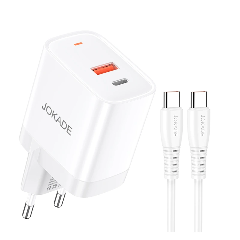 Мережевий зарядний пристрій Jokade JB082 (USB/USB-C/30W/QC3.0) + кабель Type-C – Type-C- білий