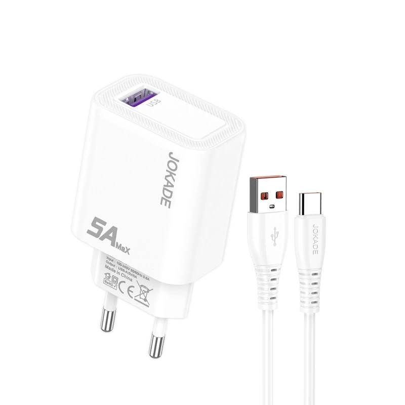 Мережевий зарядний пристрій Jokade JB141 (1USB/5A) + кабель Type-C- білий