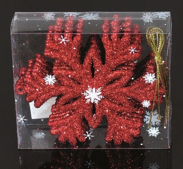 Набір новорічних прикрас 10 см, Сніжинка, 6 шт, пластик, червоний з блисткітками