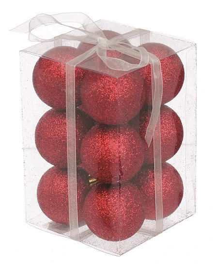 Набір кульок, 12 шт, 4 см, пластик, колір червоний з блискітками